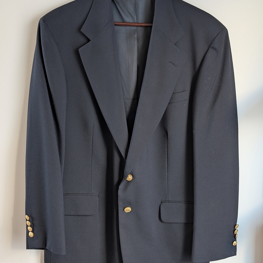 Vtg Deansgate Navy Blue Blazer 42R Hopsack  Worsted Wool Gold Crest Buttons USA